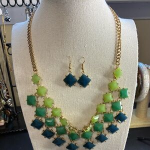 Green and Blue Statement Necklace with Earrings